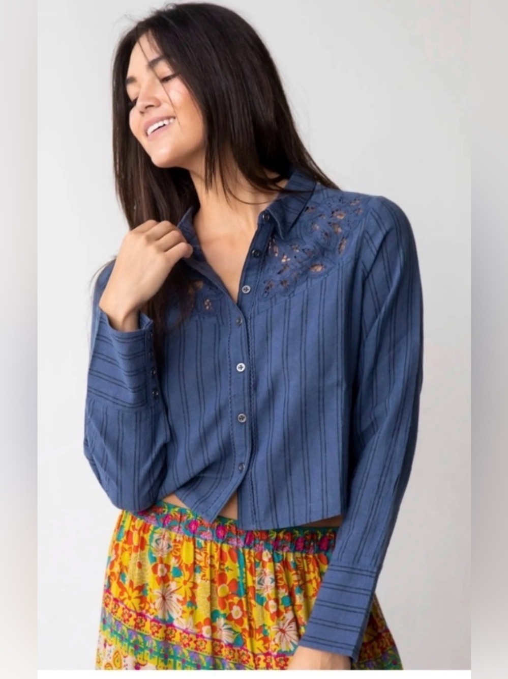 Natural Life Ana Lace Cotton Linen Cropped Button Down Top Size XL